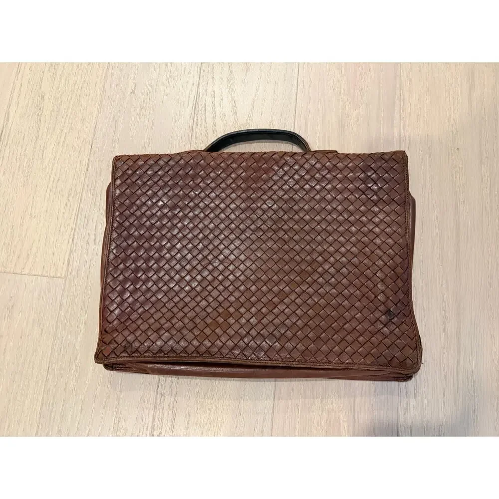 Vintage Bottega Veneta Intrecciato Woven Leather Briefcase Attache Case Brown